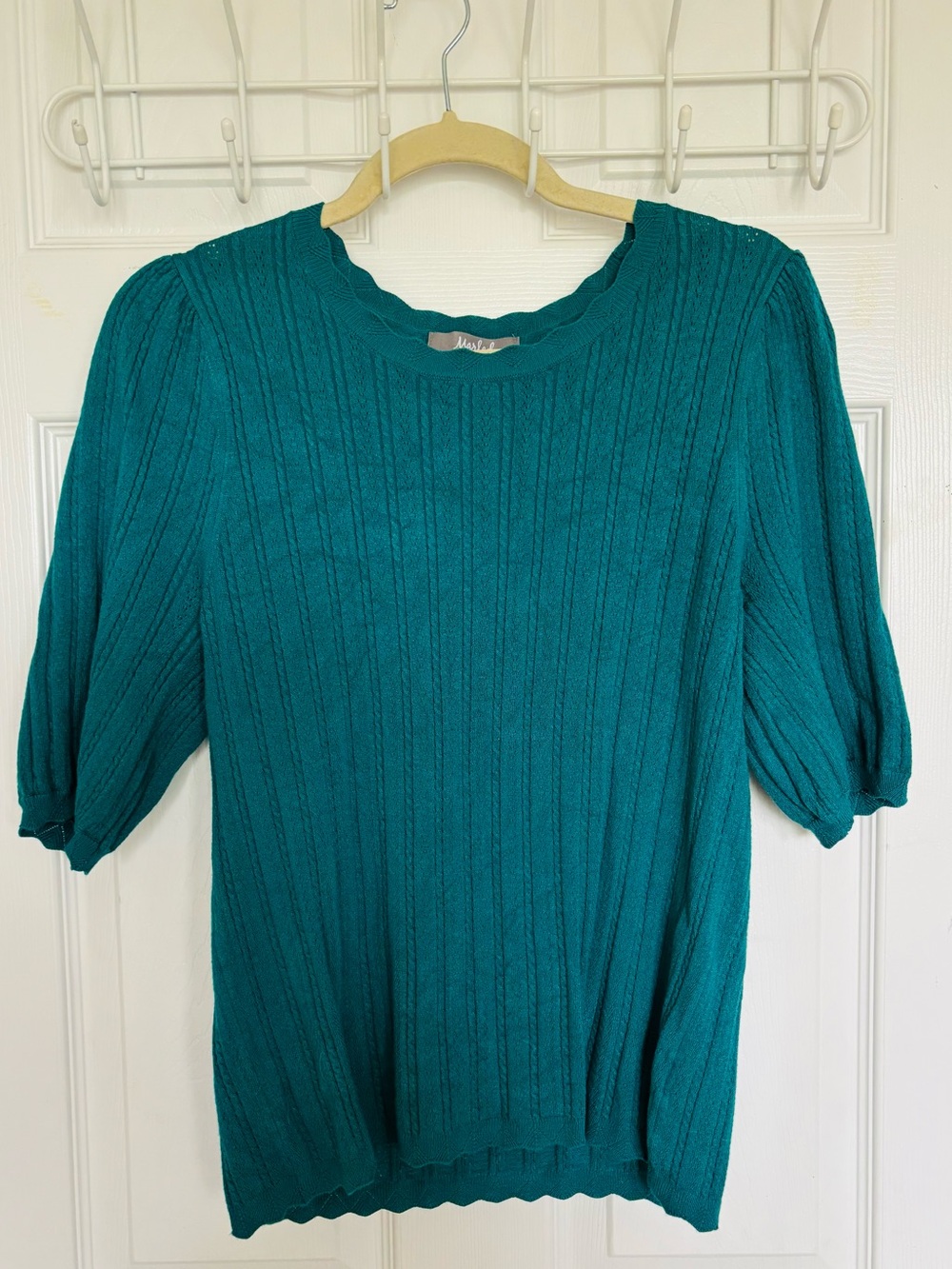 Marled Teal Short Sleeve Ribbed Knit Top